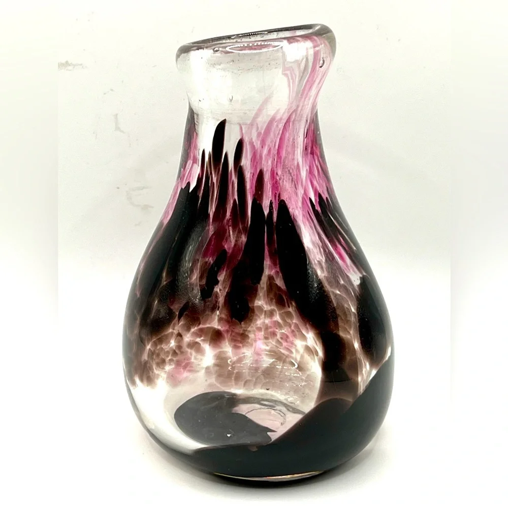 Handblown Art Glass Flowers Bud Vase Brown Pink Abstract Pattern 6 in